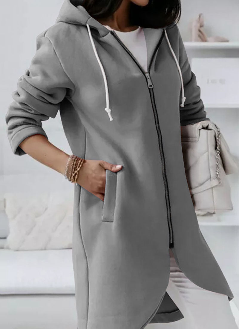 Solid Zipper Drawstring Midi Hooded Jacket