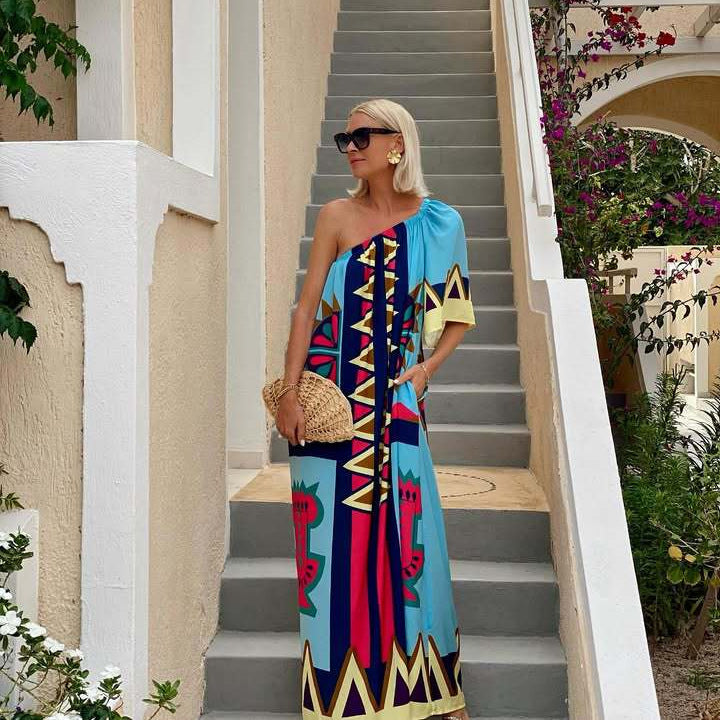 Geometric Print One Shoulder Short Sleeve Loose Maxi Dress