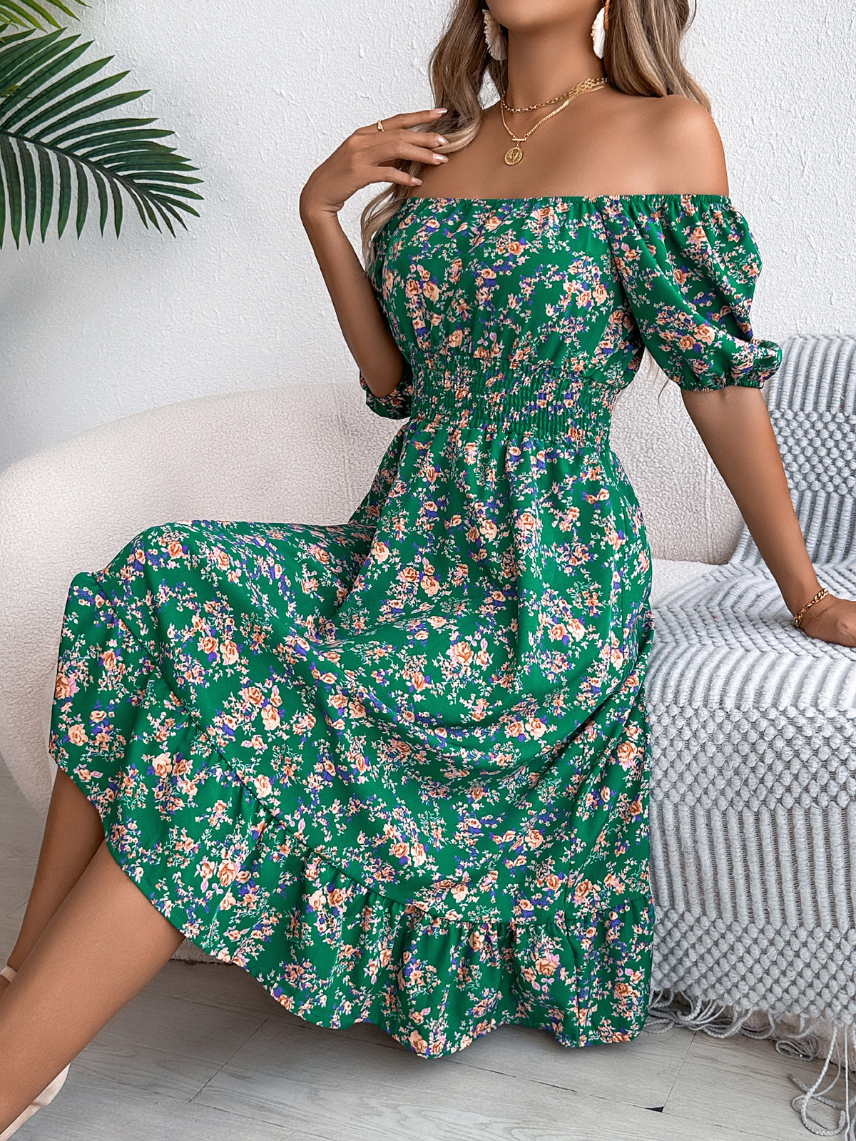 Ditsy Floral Print Square Neck Puff Sleeve Shirred Waist Ruffle Hem Midi Dress 7