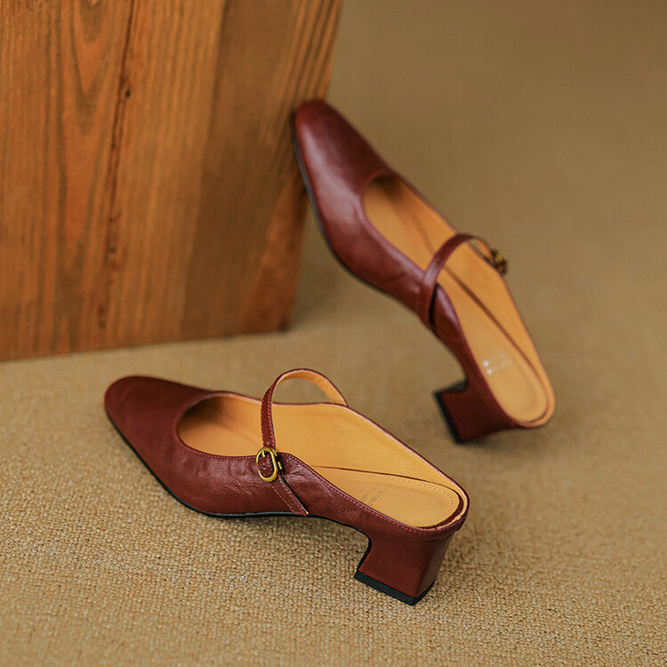 Square Toe Buckle Strap Block Heel Mules