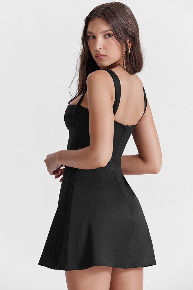 Satin Square Neck Suspender Strap Summer Party Mini Dress - Black 7