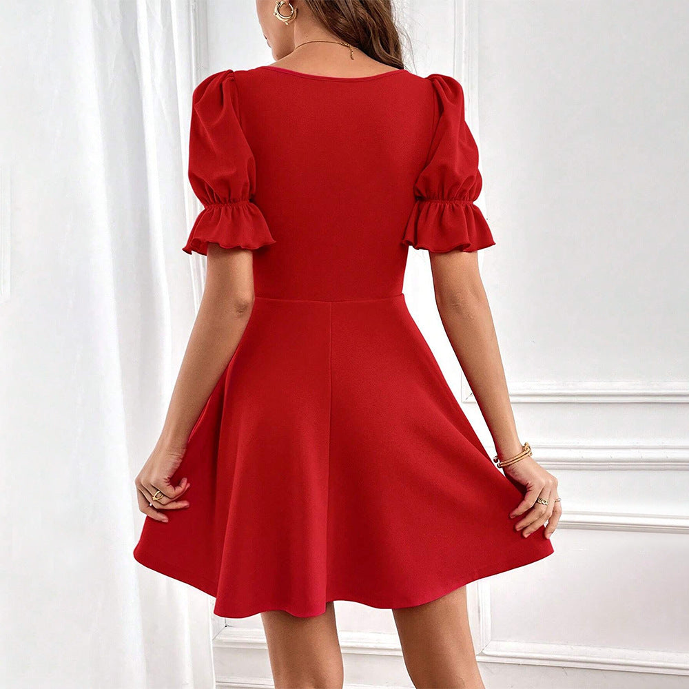 Women Clothing Spring Summer Solid Color Elegant Slim Fit Short Sleeve Square Collar Dress