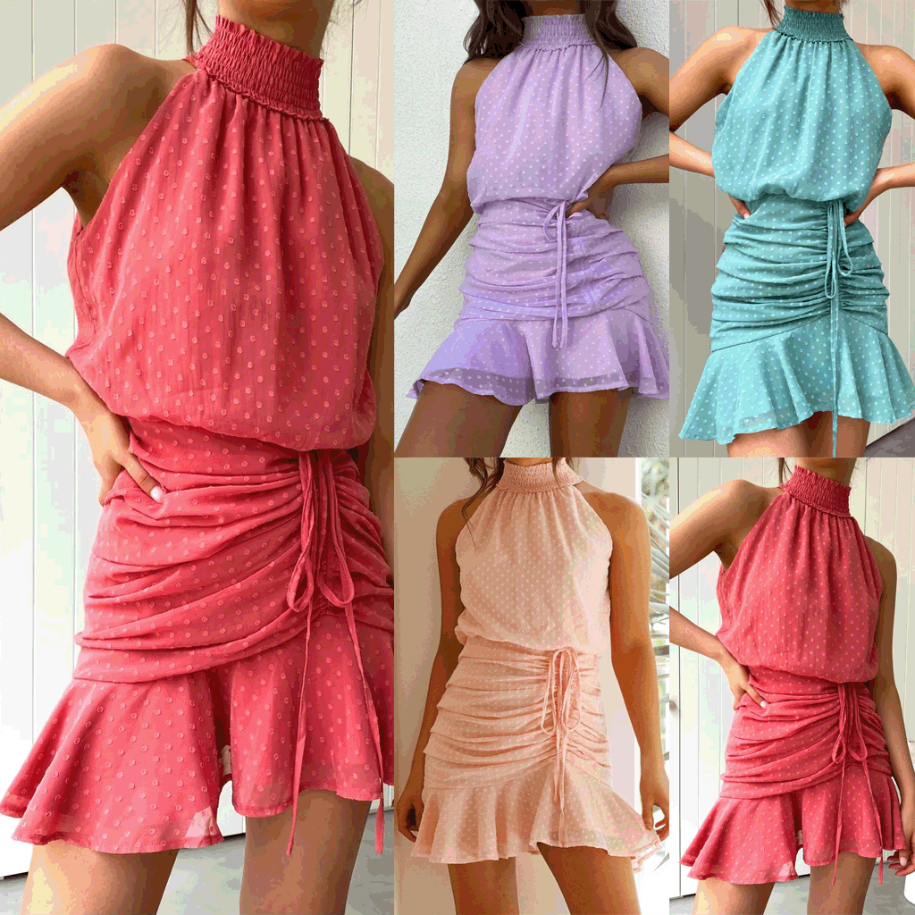 Swiss Dot Chiffon Smocked Halter Neck Drawstring Ruched Ruffle Hem Mini Dress 5