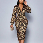 Leopard V-Neck Long Sleeve Lace Trim Ruched Bodycon Midi Dress