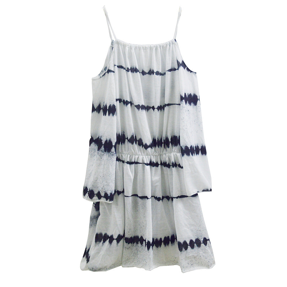 Tie Dye Cold Shoulder Long Sleeve Tie Neck Elastic Waist Mini Dress 6