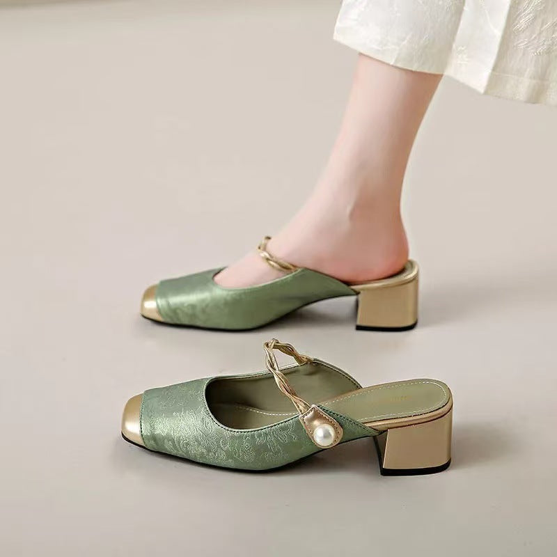 Square Toe Pearl Strap Block Heel Mules