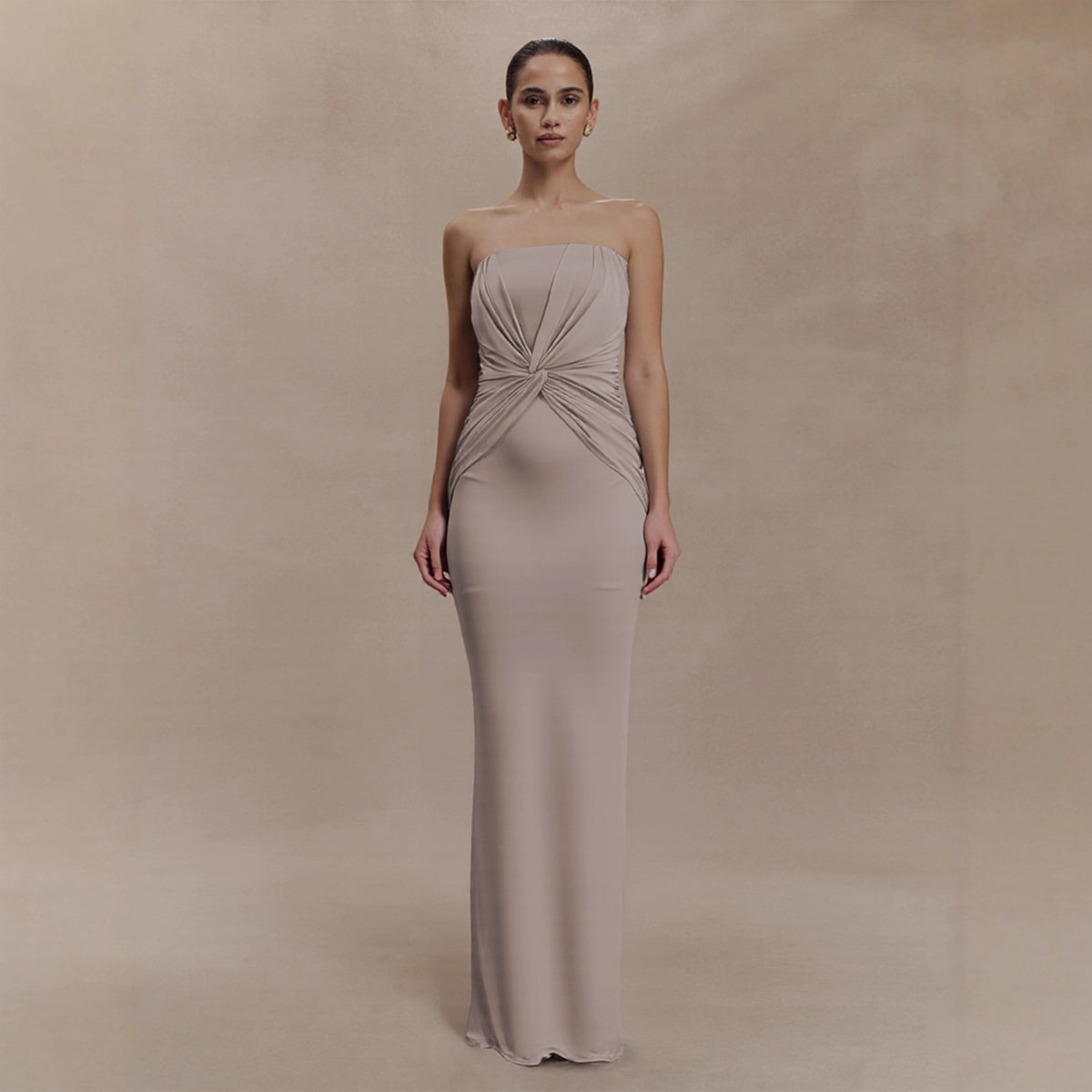 Strapless Twist Front Ruched Bodice Column Maxi Evening Dress