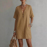 V-Neck Short Sleeve Button Front Shift Mini Dress 7