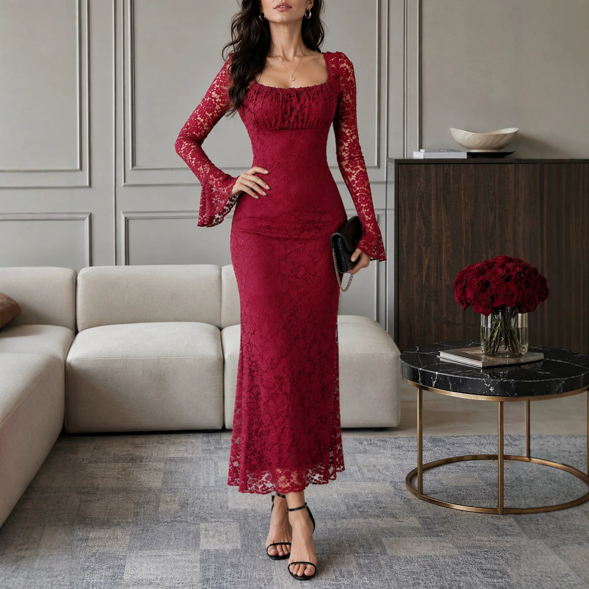 Autumn Women Clothing Fashionable Elegant Slimming Mesh Square Collar Lace Dress