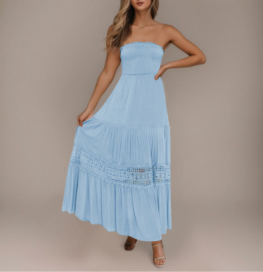 Strapless Smocked Bodice Crochet Lace Insert Tiered Boho Maxi Dress 6