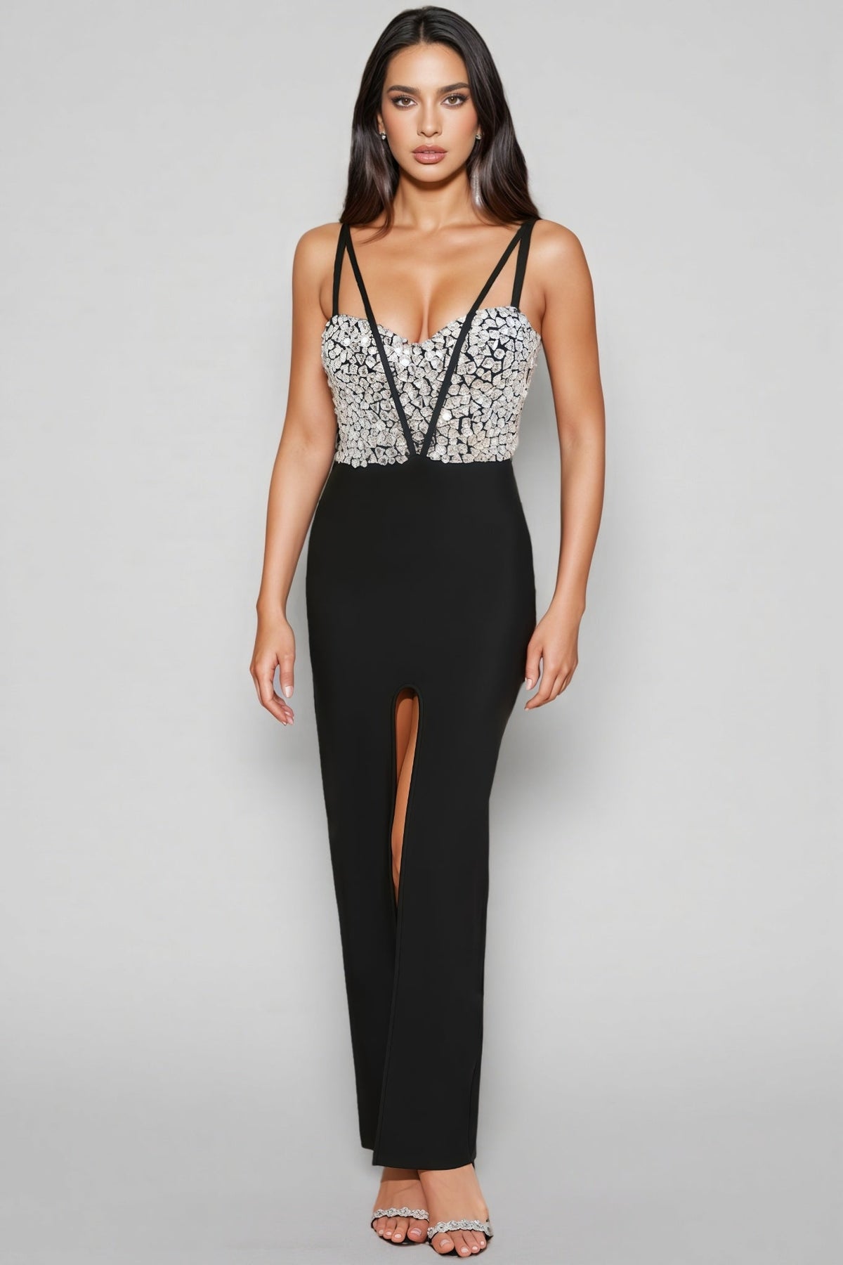 Rhinestone Embellished Bustier Strappy Front Split Bodycon Maxi Dress