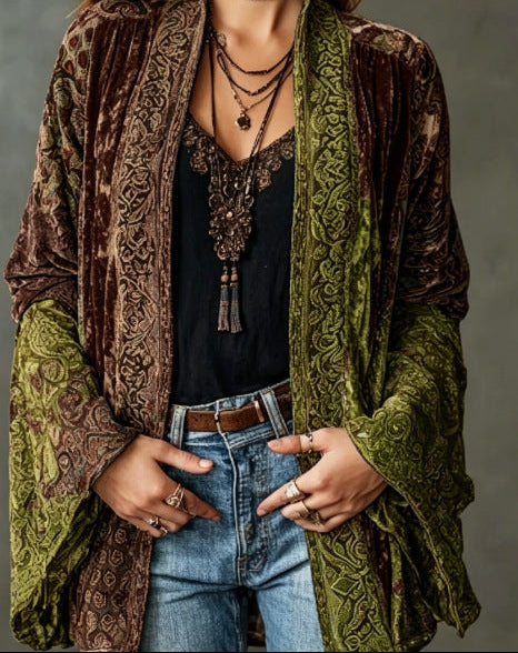 Paisley Velvet Boho Open Front Kimono Cardigan