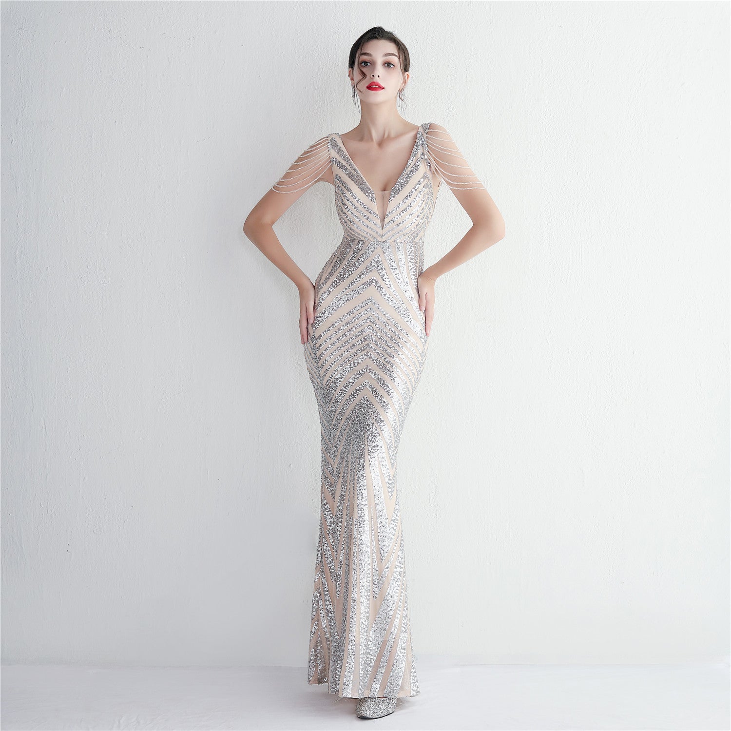 Positioning Floral Beading Party Dress Long Banquet Slim Fit Evening Dress Elegant Long