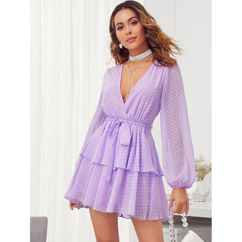 Swiss Dot Deep V-Neck Long Sleeve Belted Tiered Ruffle Mini Dress 5