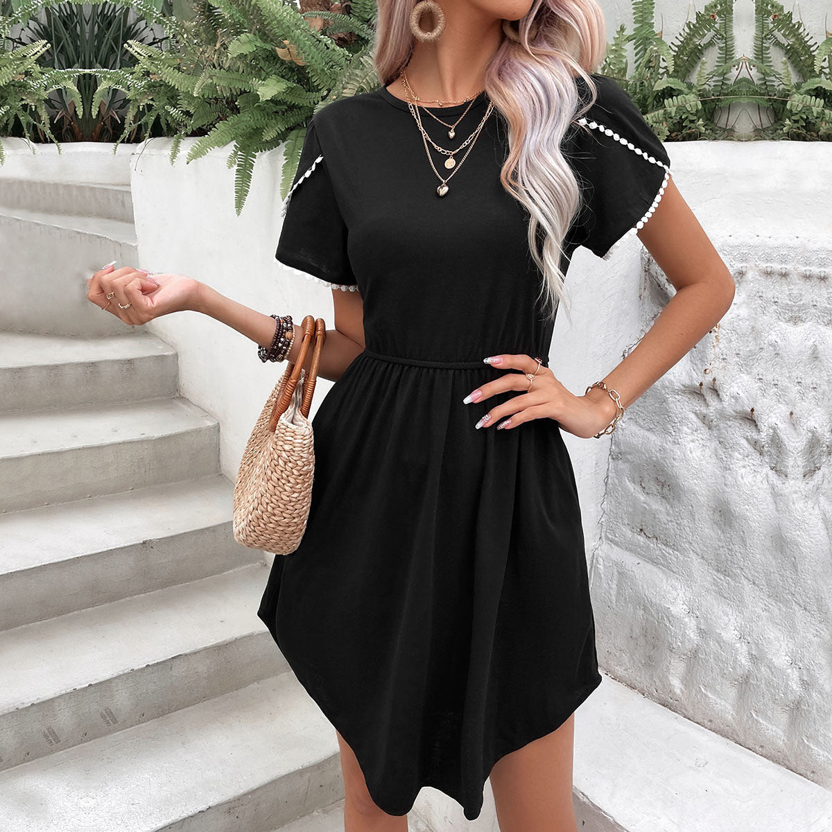 Pom Pom Trim Crew Neck Short Sleeve Belted Asymmetric Hem Mini Dress