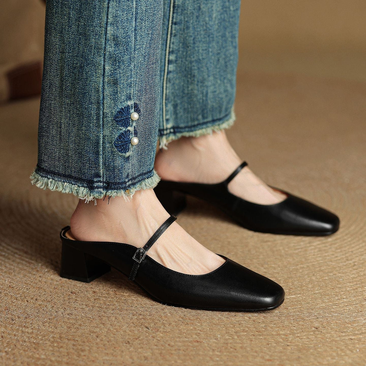Square Toe Mary Jane Buckle Strap Block Heel Mules
