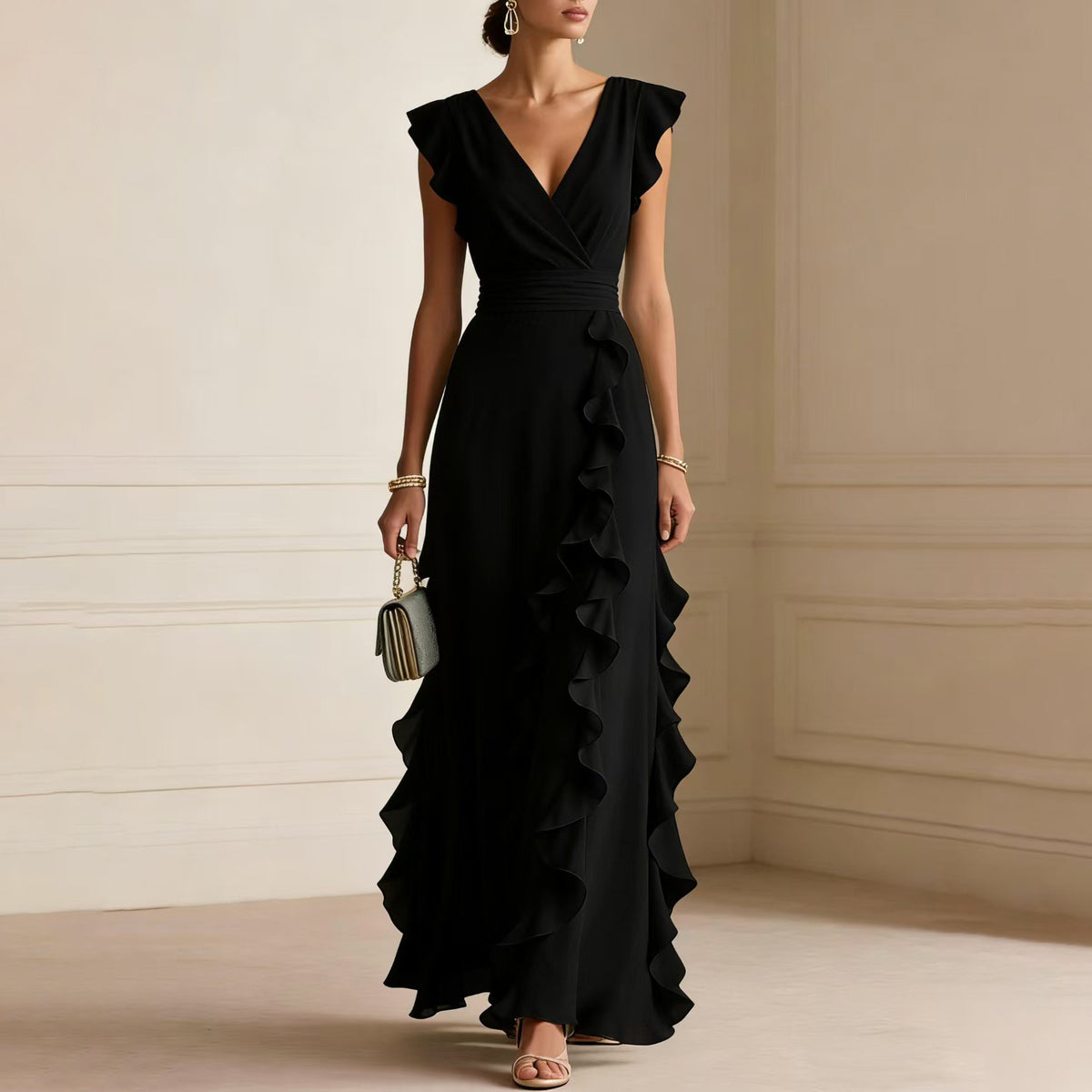 Chiffon Wrap V-Neck Flutter Sleeve Cascading Ruffle Maxi Dress 4