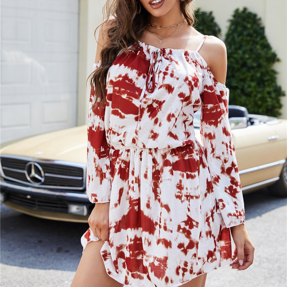 Tie Dye Cold Shoulder Long Sleeve Tie Neck Elastic Waist Mini Dress