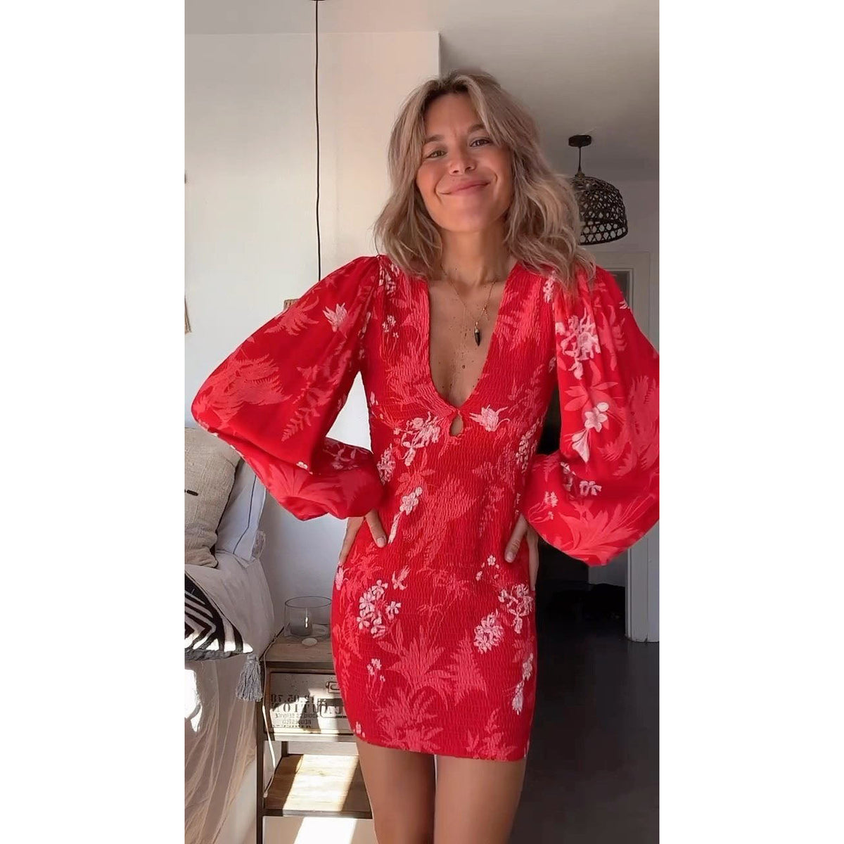 Floral Smocked Deep V-Neck Keyhole Balloon Sleeve Bodycon Mini Dress