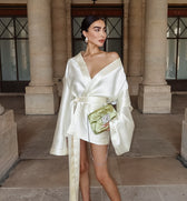 Satin Deep V-Neck Long Sleeve Belted Wrap Mini Dress