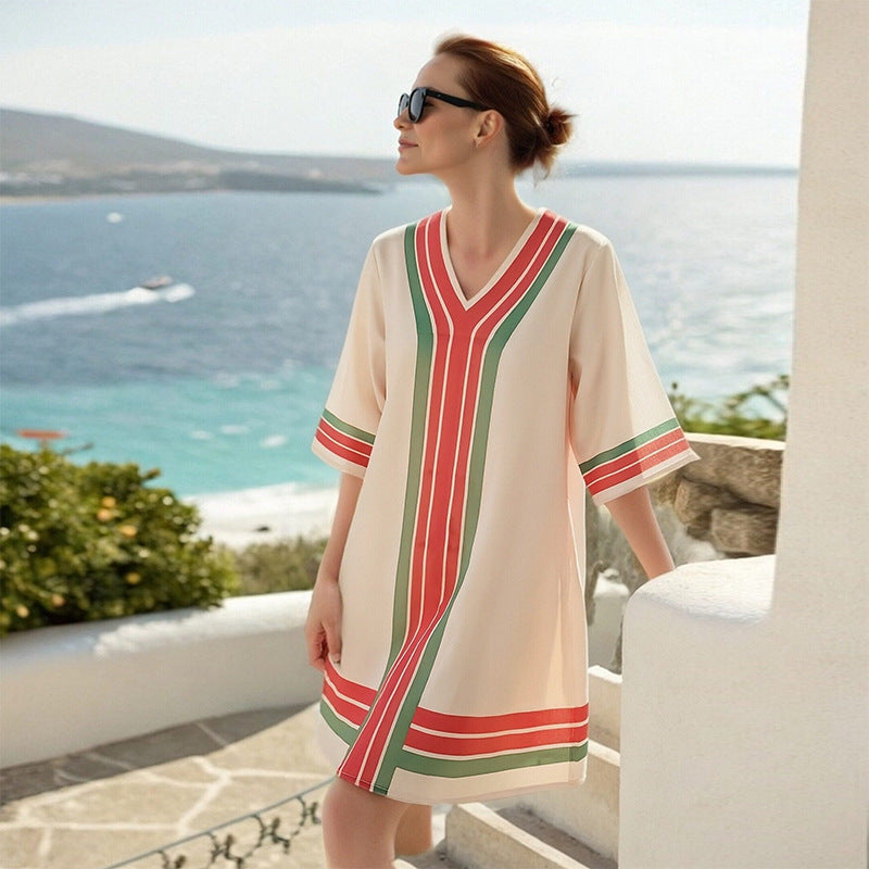 Contrast Stripe Trim V-Neck Half Sleeve Loose Tunic Mini Dress