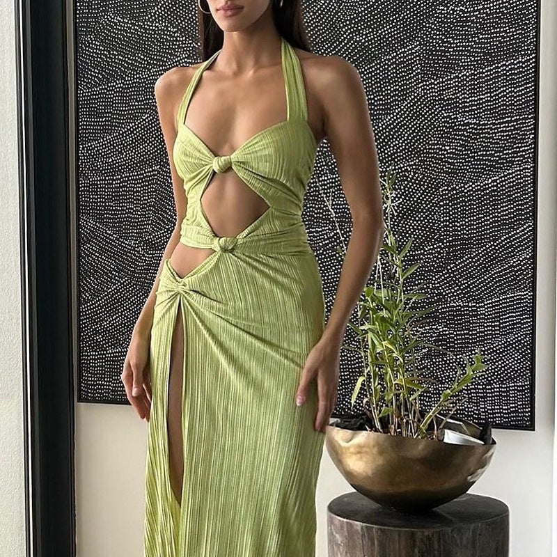 Halter Neck Cut Out High Split Pleated Maxi Dress