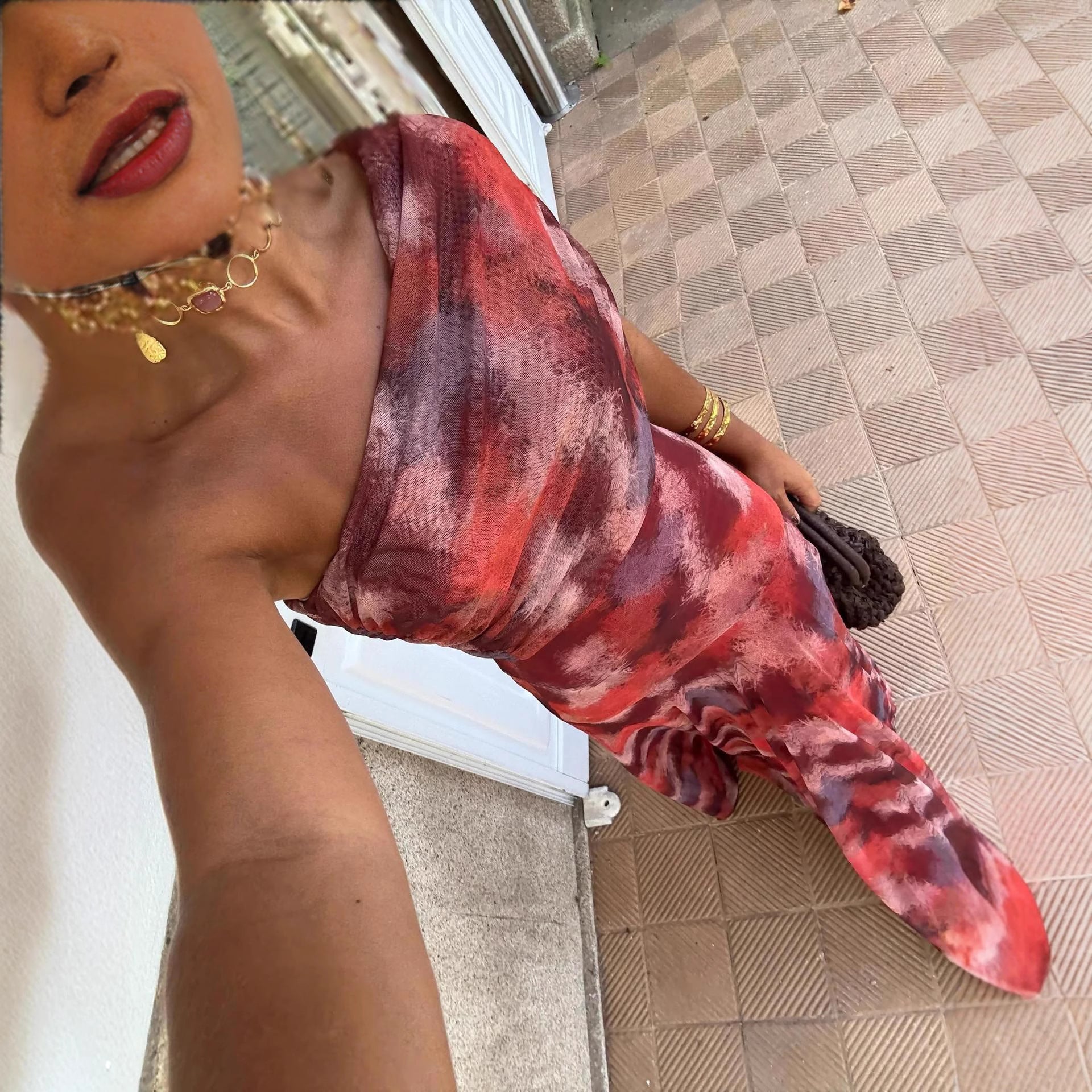 Tie Dye One Shoulder Ruched Bodycon Maxi Dress