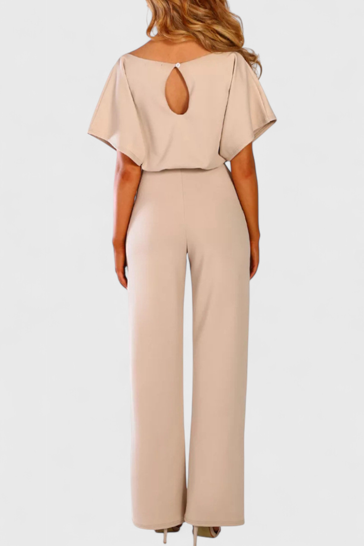 Boat Neck Batwing Sleeve Belted Wide Leg Jumpsuit