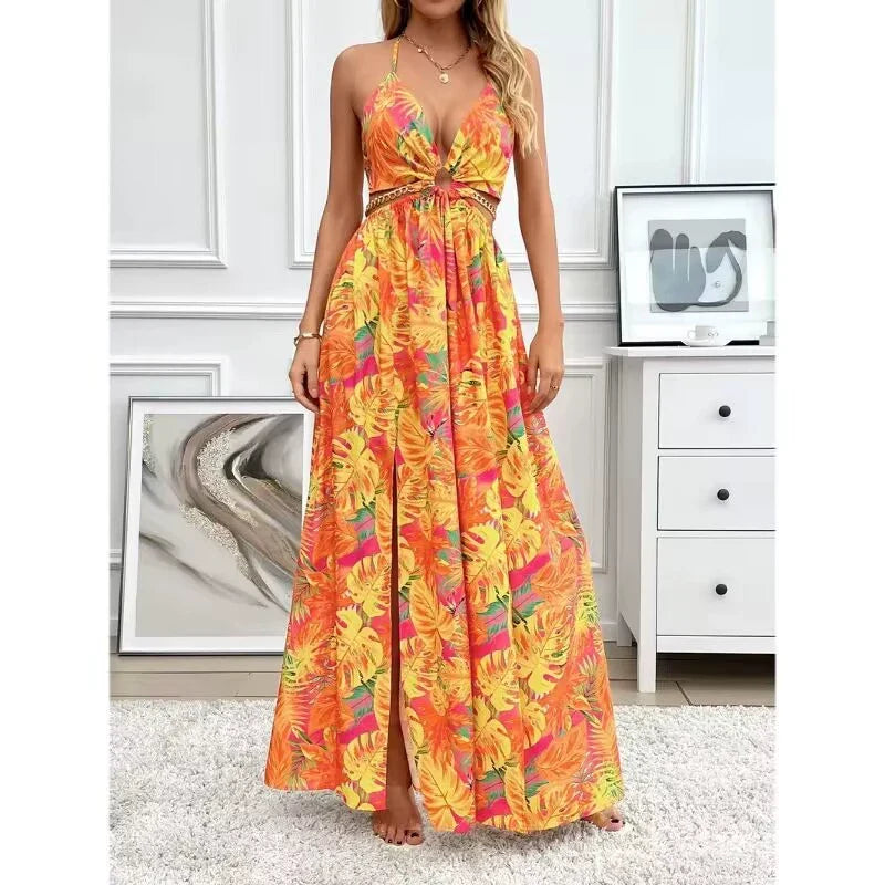 HANNAH™ - Floral Print Cami Dress with Chain Decor and Split Thigh for Beach Holidays