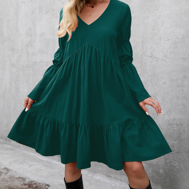 Swintager Autumn Bohemian Loose Dress Ruffled Long Sleeve Midi Dress for Women