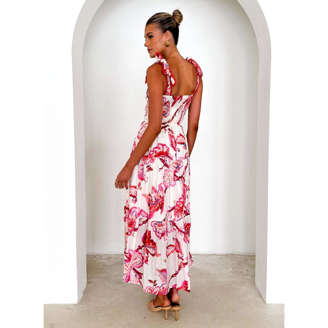 Watercolor Print Smocked Bodice Tie Shoulder Strap Tiered Maxi Dress 2