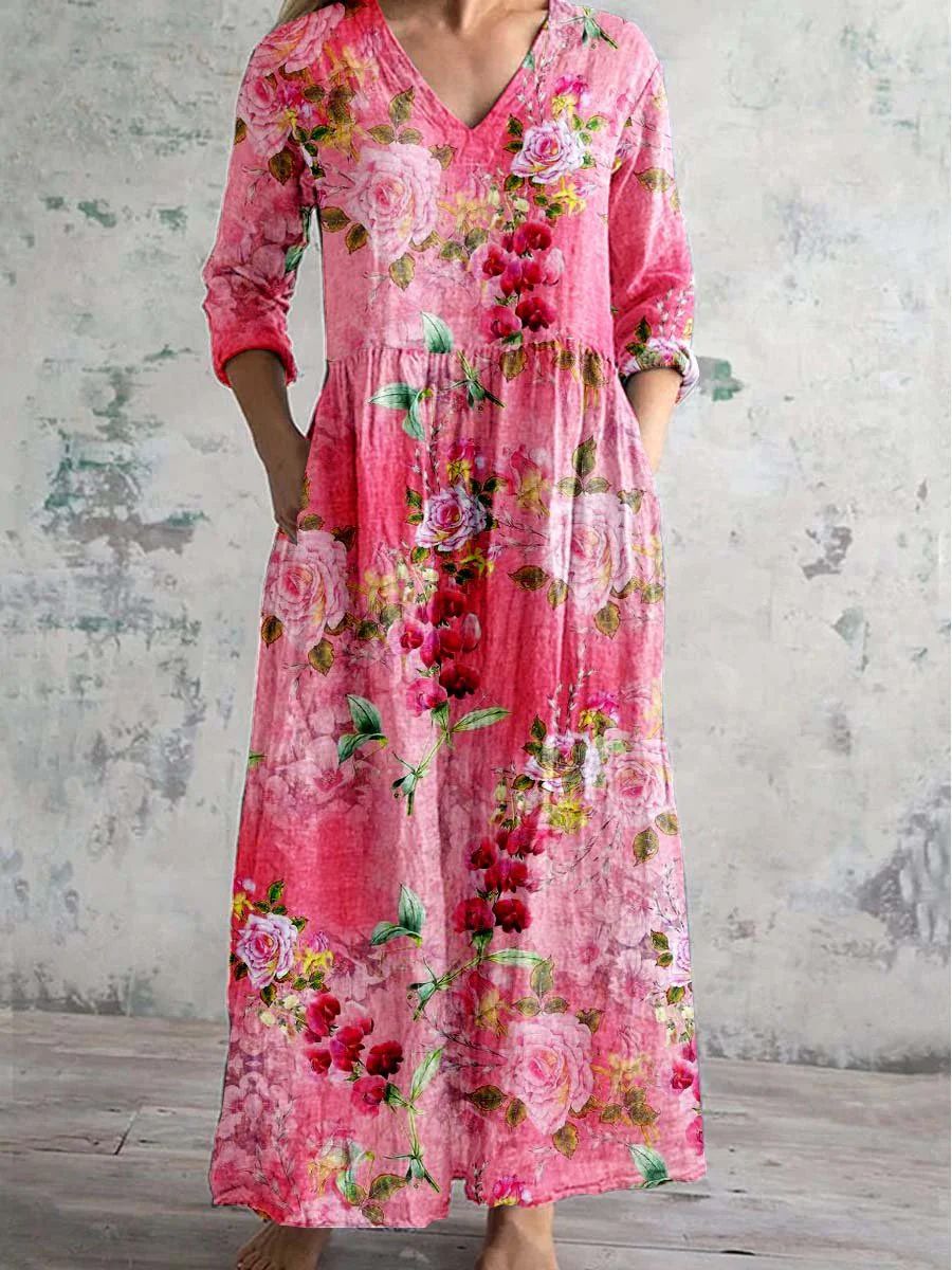 Floral Print V-Neck Long Sleeve Tiered Maxi Dress