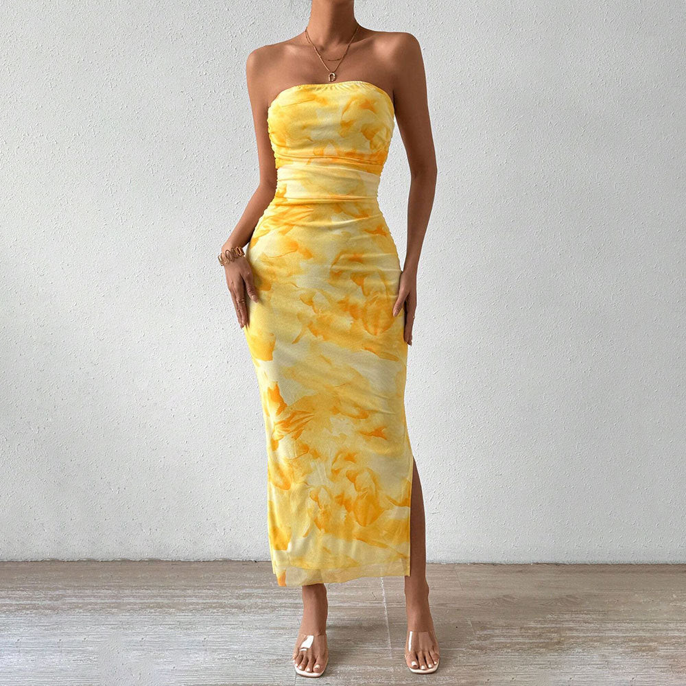 Tie Dye Print Mesh Strapless Ruched Side Split Bodycon Maxi Dress 2