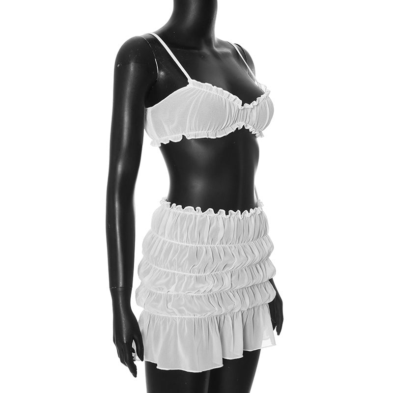 Ruched Pleated Denim Mini Skort