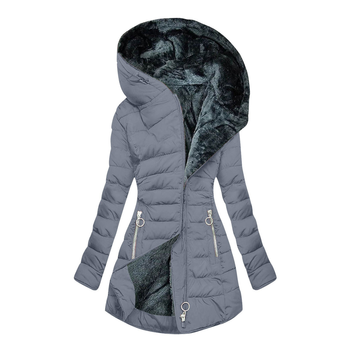 Hooded Fleece Lined Zip Front Quilted Puffer Coat 5