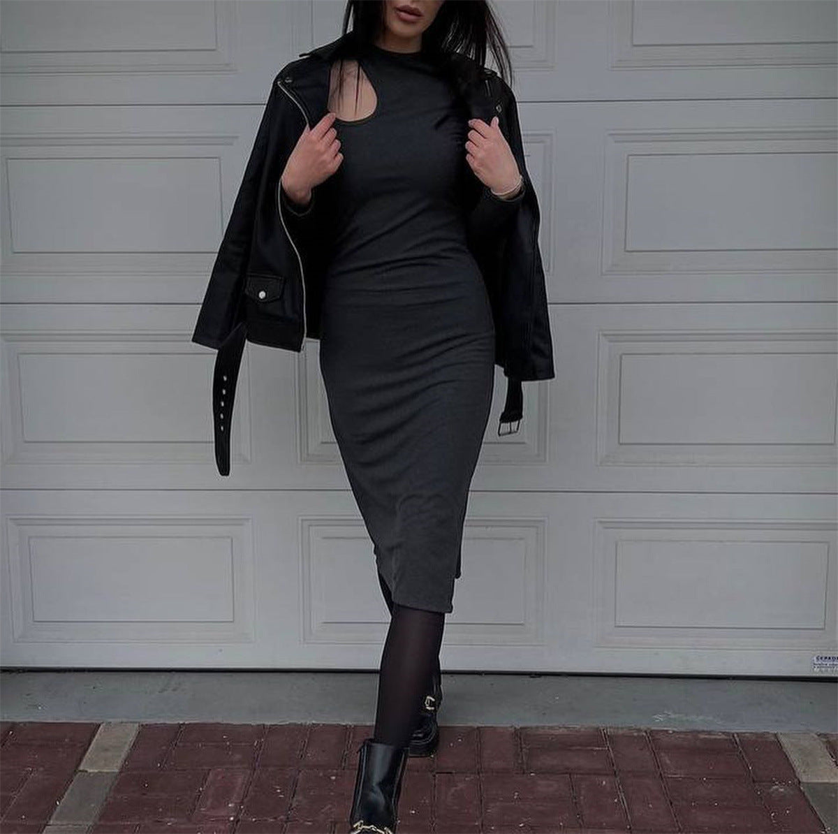 Ribbed Knit Cut Out Shoulder Long Sleeve Side Split Bodycon Midi Dress 5