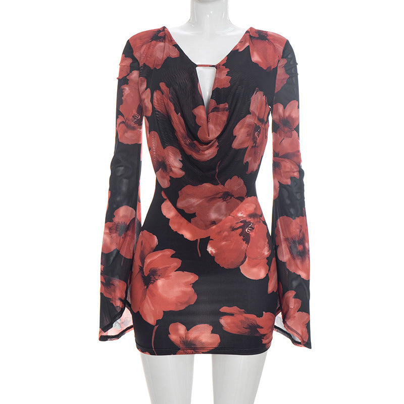 Floral Print Mesh Cowl Neck Long Flare Sleeve Keyhole Bodycon Mini Dress 5