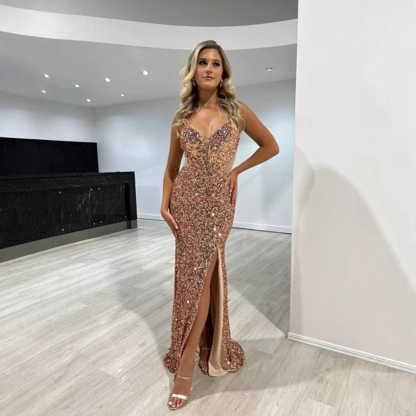 Sequined Split Chic Sling Dress Waist Controlled Cocktail Dress Slim Fit Maxi Dress