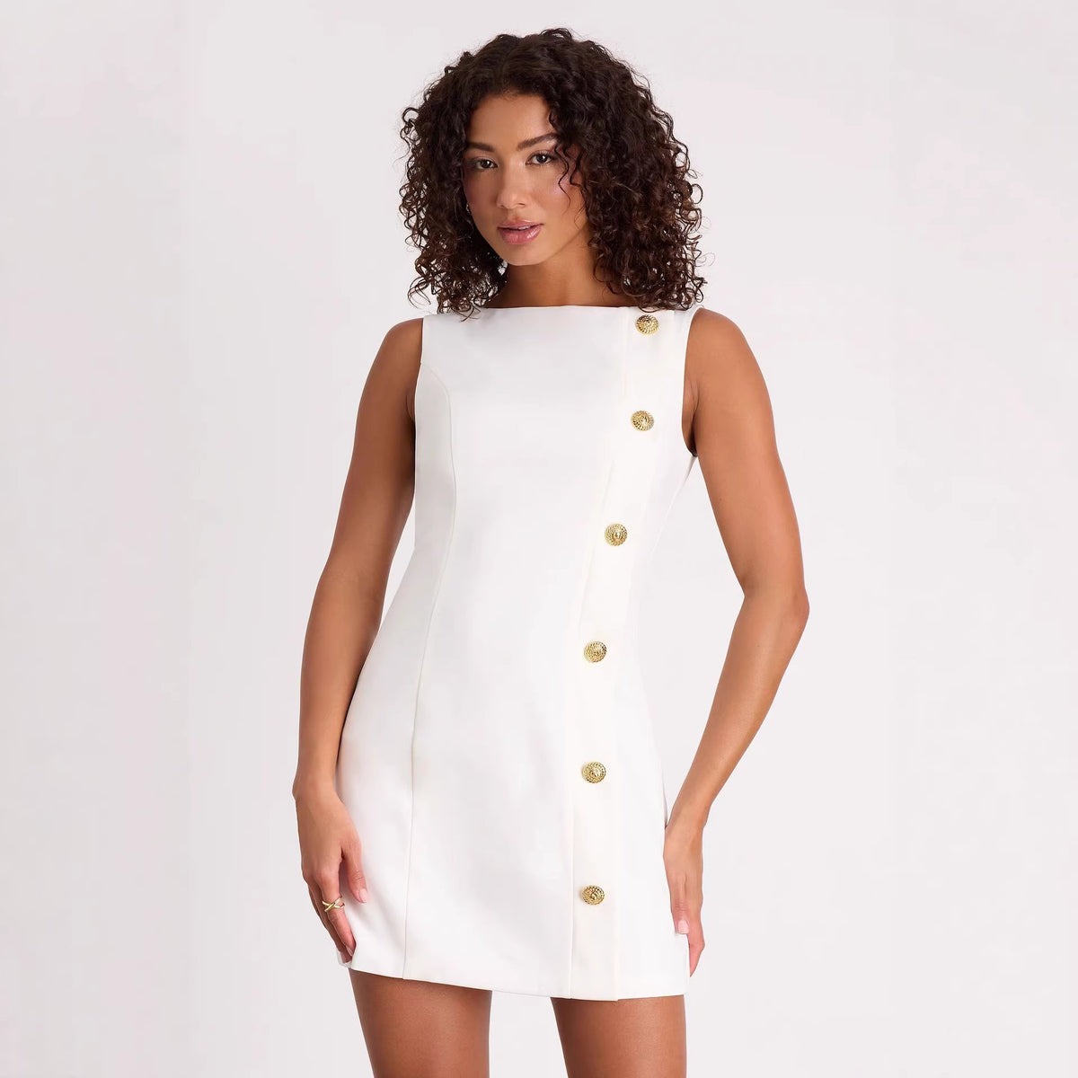 Boat Neck Sleeveless Side Button Sheath Mini Dress