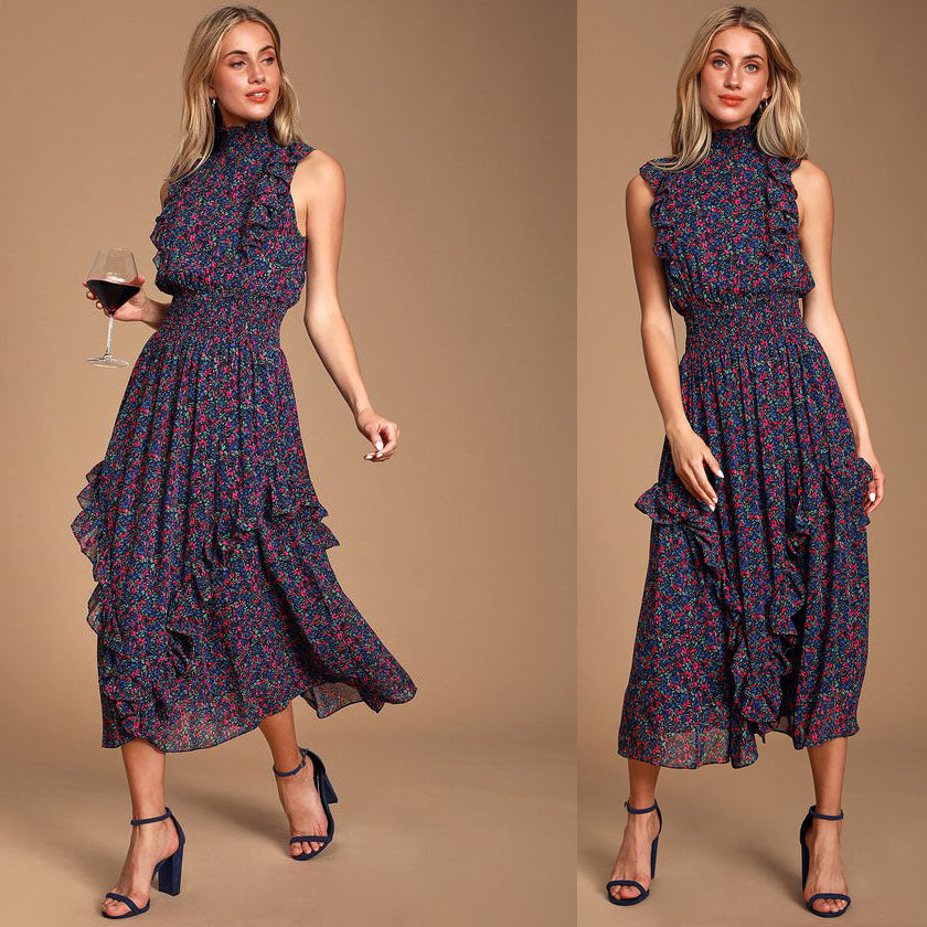 Ditsy Floral Mock Neck Sleeveless Ruffle Trim Smocked Waist Midi Dress 2