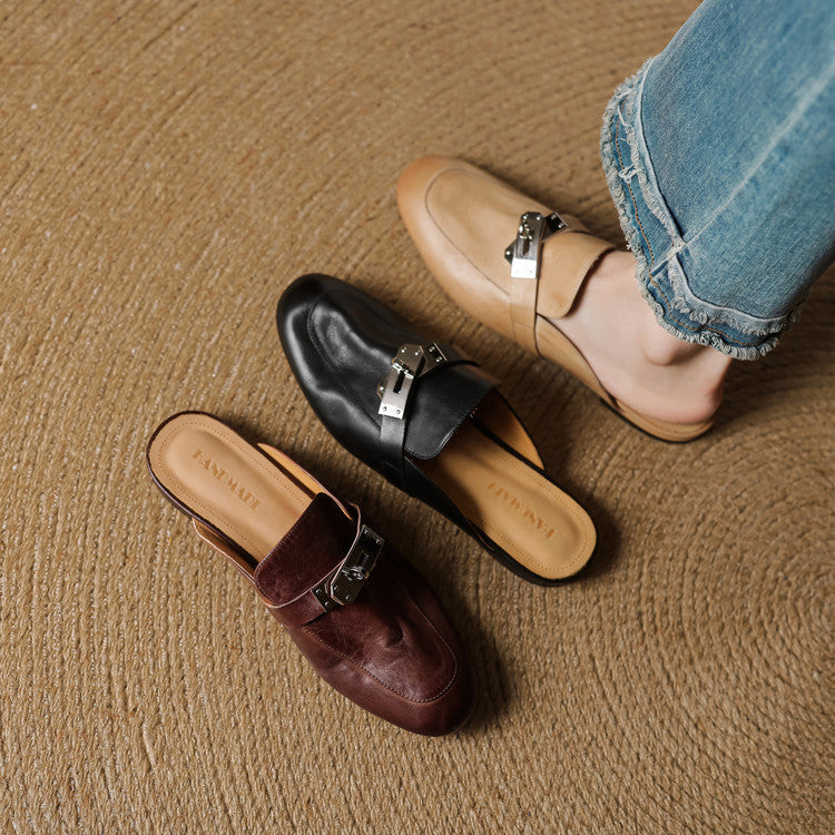 Round Toe Buckle Backless Loafer Mules