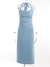 Black Halter Midi Dress With Semi Flare M / Blue Black Halter Party Dress