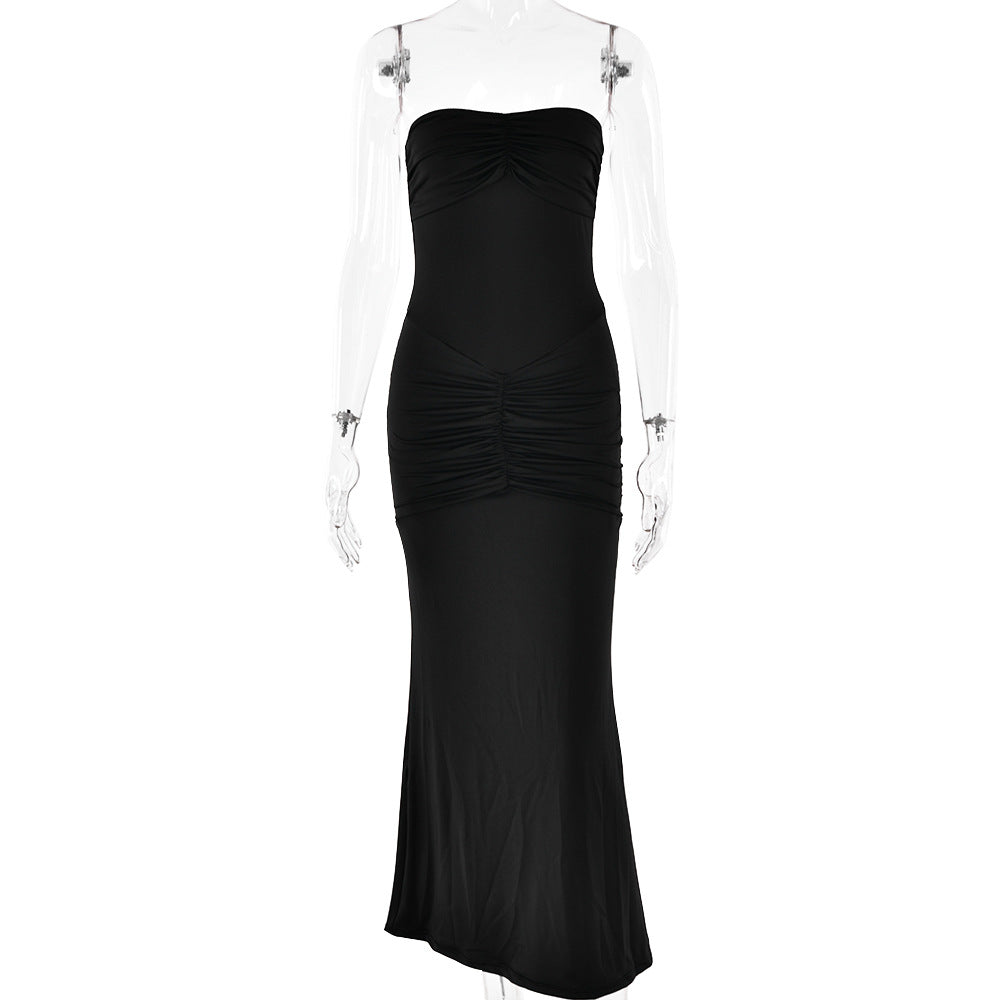 Tight Tube Top Backless Pleated Solid Color Dress Evening Dress