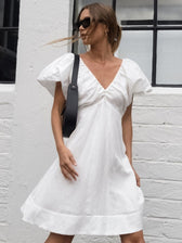 V-Neck Puff Sleeve Ruched Mini Dress Summer