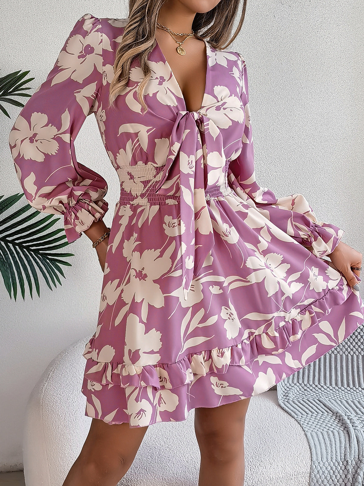 Floral Print Deep V-Neck Tie Front Long Sleeve Smocked Waist Ruffle Mini Dress 5