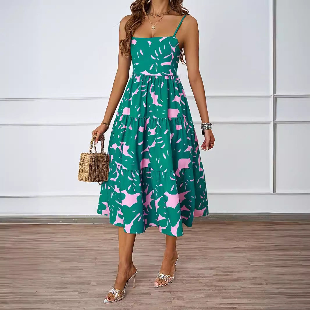Leaf Print Square Neck Spaghetti Strap Tiered A-Line Midi Dress 2