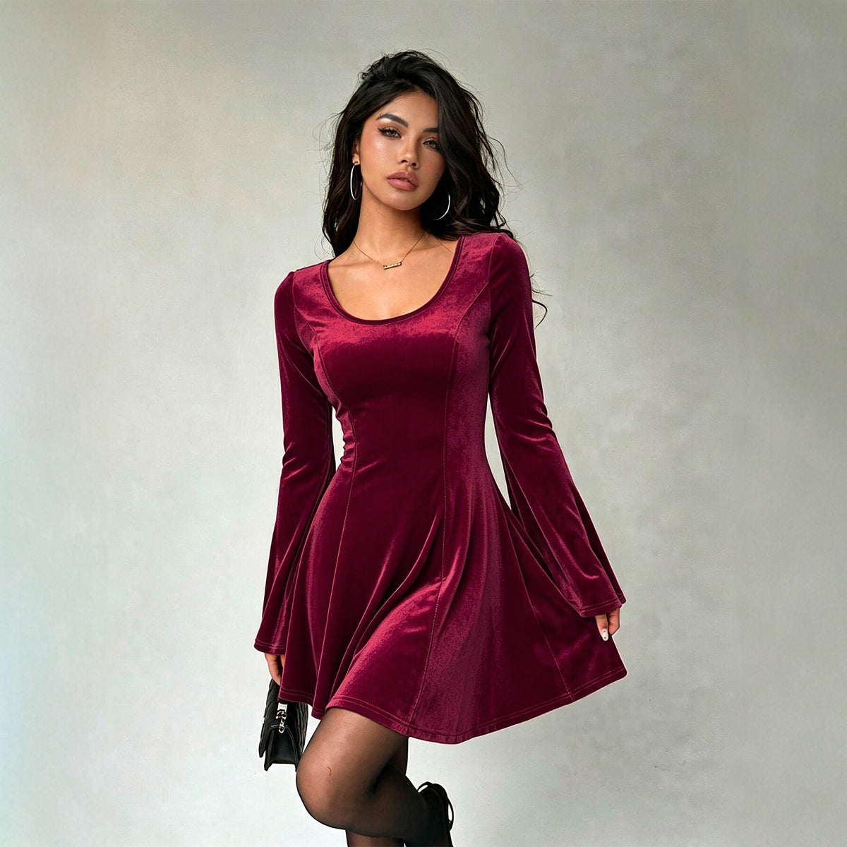Velvet Scoop Neck Bell Sleeve Fit and Flare Mini Dress