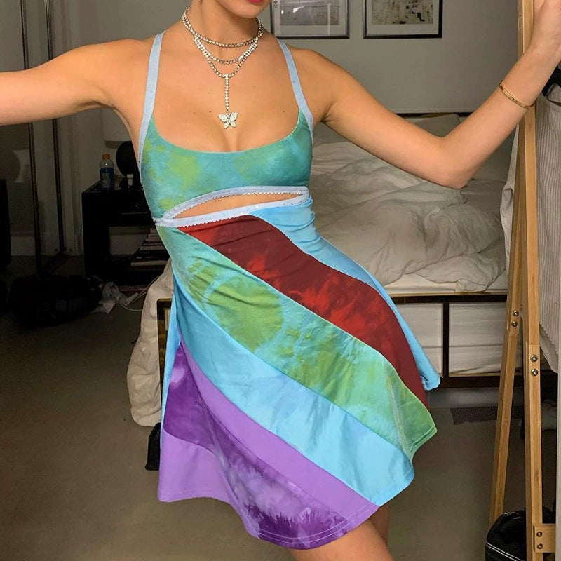 Tie Dye Spaghetti Strap Cut Out Bodycon Mini Dress 10