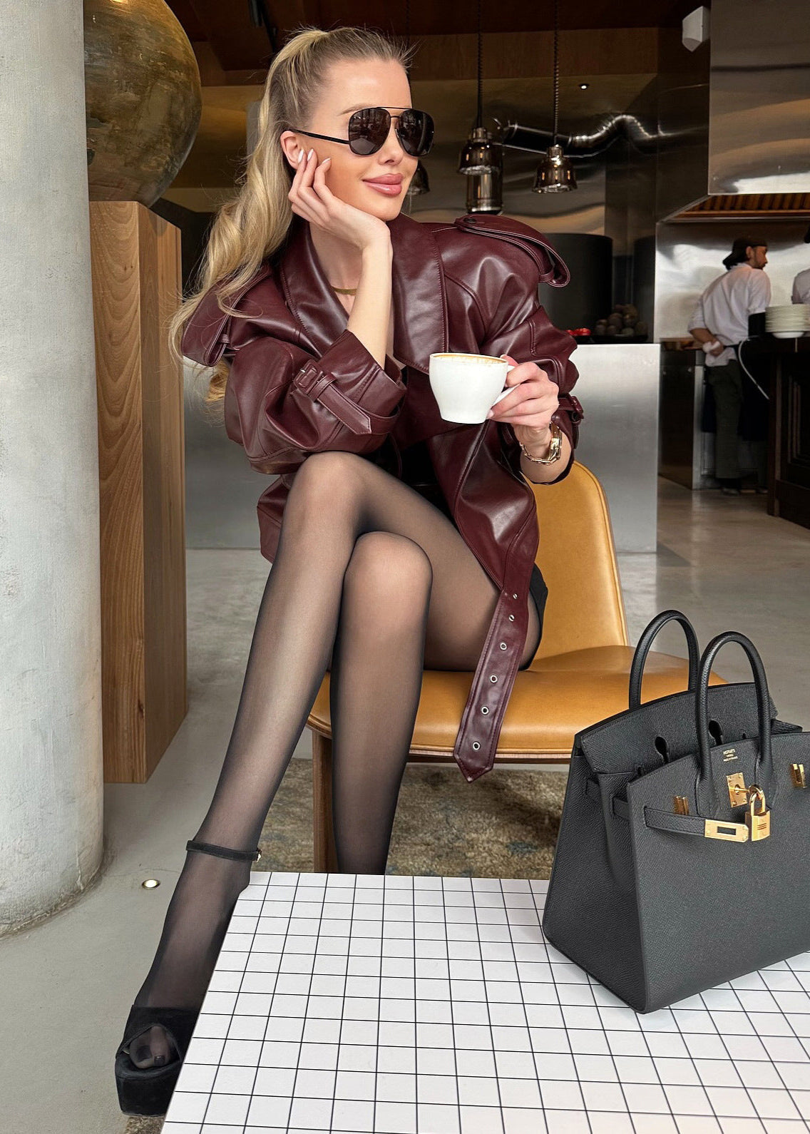 Valencia Jacket â€?Cropped Faux Leather Belted Moto in Wine Red