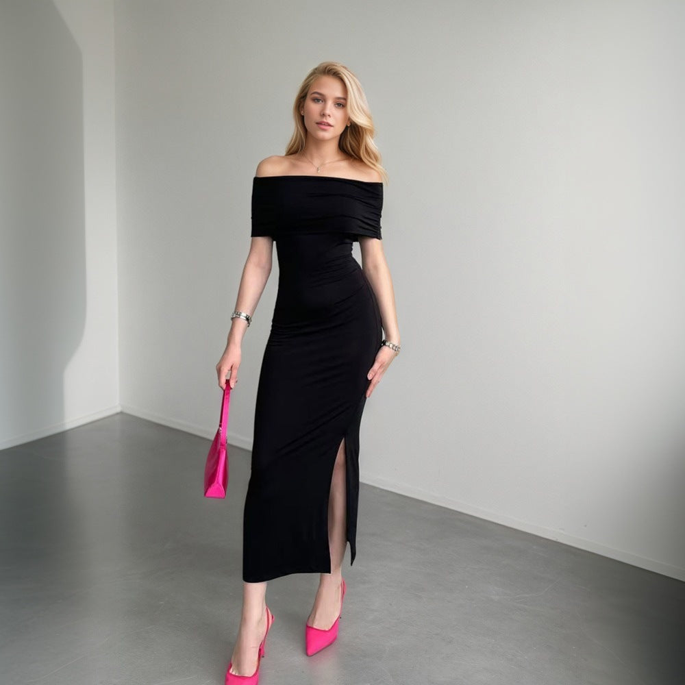 Women Clothing Adult Lady like Woman off Neck Dress Summer High Waist Slit Formal Dress